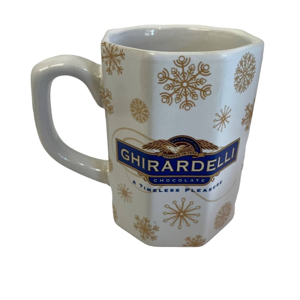 GHIRARDELLI‎ Mug Cup Hot Chocolate Coffee Tea Holiday White Gold Snowflakes 8oz